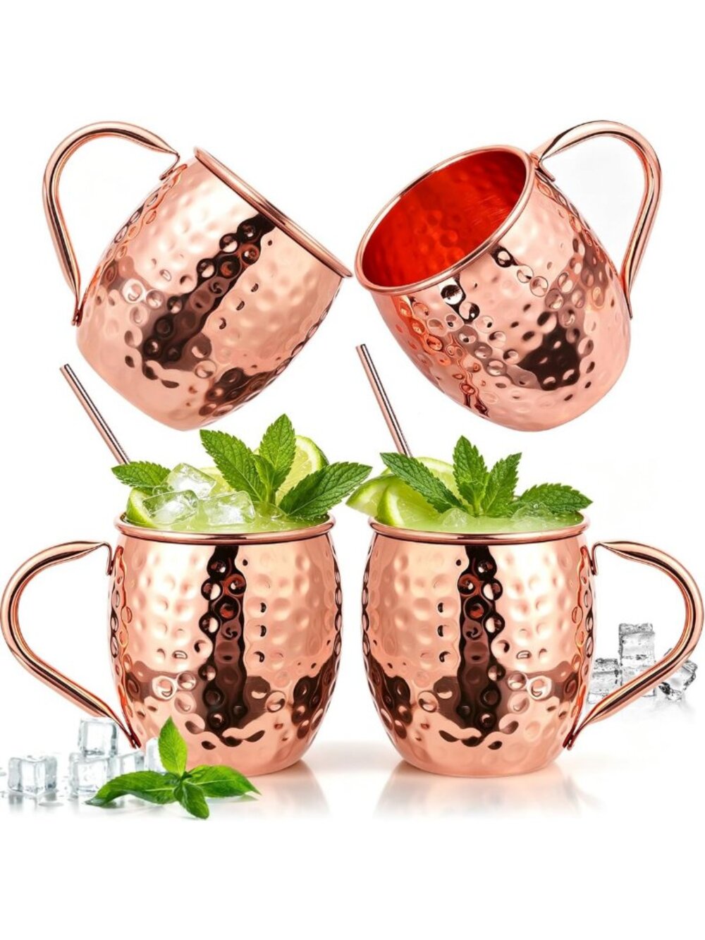 Set of 4 Hammered Copper Moscow Mule Mugs with Handles & Straws - 16oz for